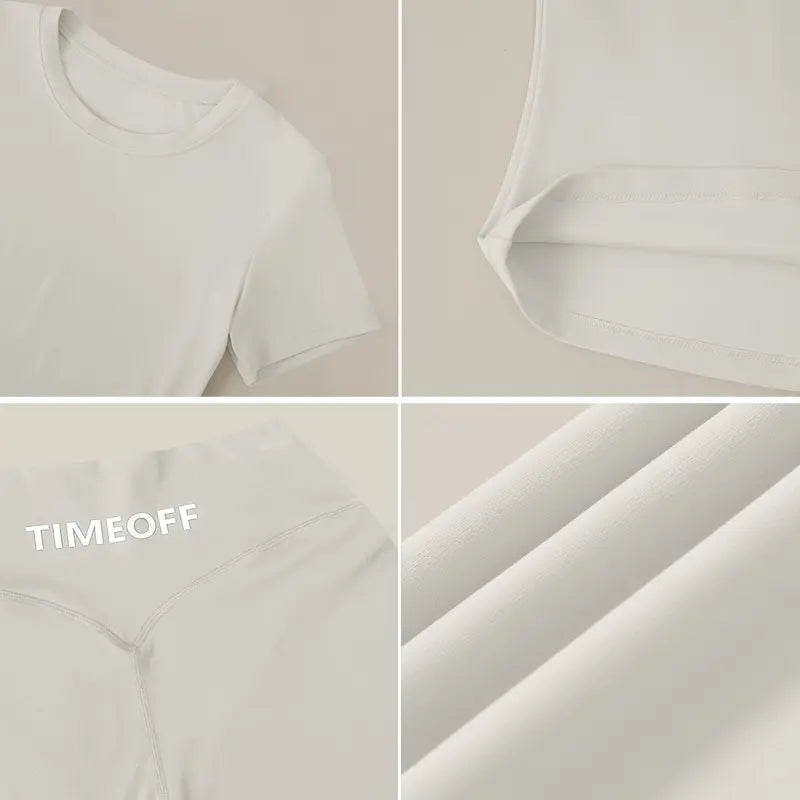 TimeOFF Women's 2-Piece Short Sleeve Workout Set - Fitted Crop Top & High Waist Wide Leg Pants, 4-Way Stretch Soft Fabric, Butt-Lifting Sculpt Seam, Tummy Control, Non-Ride Up, Breathable, Ideal for Yoga, Gym, Women's Clothes, 2 Piece Sets