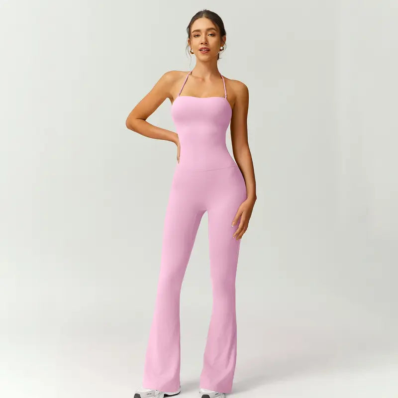 TIMEOFF Women's Halter Neck High Waist Butt Lifting Bodycon Flared Leg Yoga Jumpsuit - Stretchable Solid Color Athleisure Activewear, Trending Clothes for Women for Gym & Fashion Outfits (Athleisure Style, Solid Color Jumpsuit),summerwins