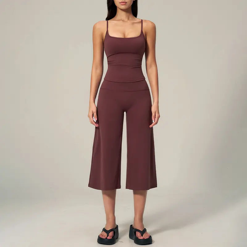 TIMEOFF Women's 2‑Piece Adjustable Strap Workout Set - V‑Shape Back Cami & High Waist Cropped Wide Leg Capris, Stretchy Breathable Fabric, 5 Colors | Waist Shaping, Tummy Control, Non‑Restrictive Fit | Ideal for Yoga, Casual Wear & Daily Loungewear